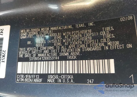 2008 Toyota Tundra Sr5 5.7L V8 z USA, uszkodzony, nr VIN 5TFBV54128X059144